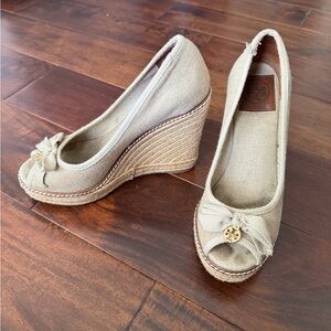 Tory Burch Neutral Canvas Espadrille Wedge Pumps with Logo Charm